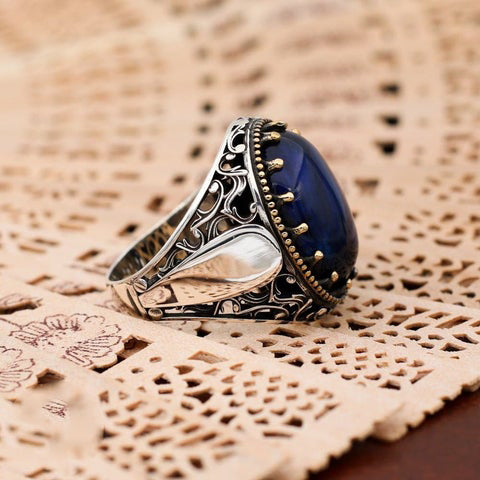 Turkish Handmade Dark Blue Agate Silver Luxury Aqeeq Ring