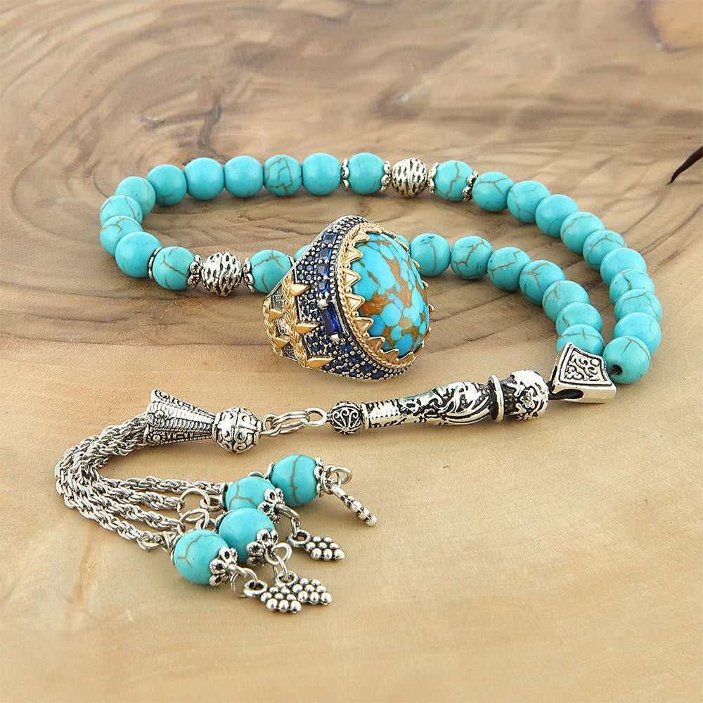 Islamic Natural Turquoise Silver Men's Ring With Rosary