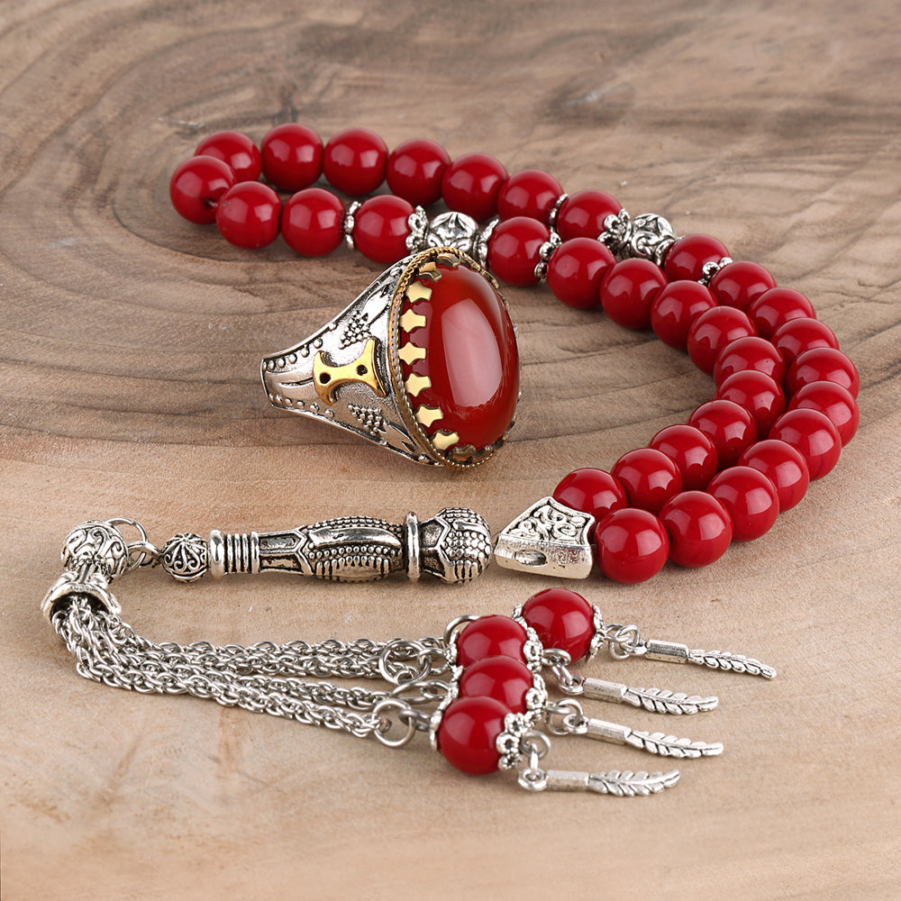 Turkish Blood Red Aqeeq Stone Silver Men's Ring With Rosary