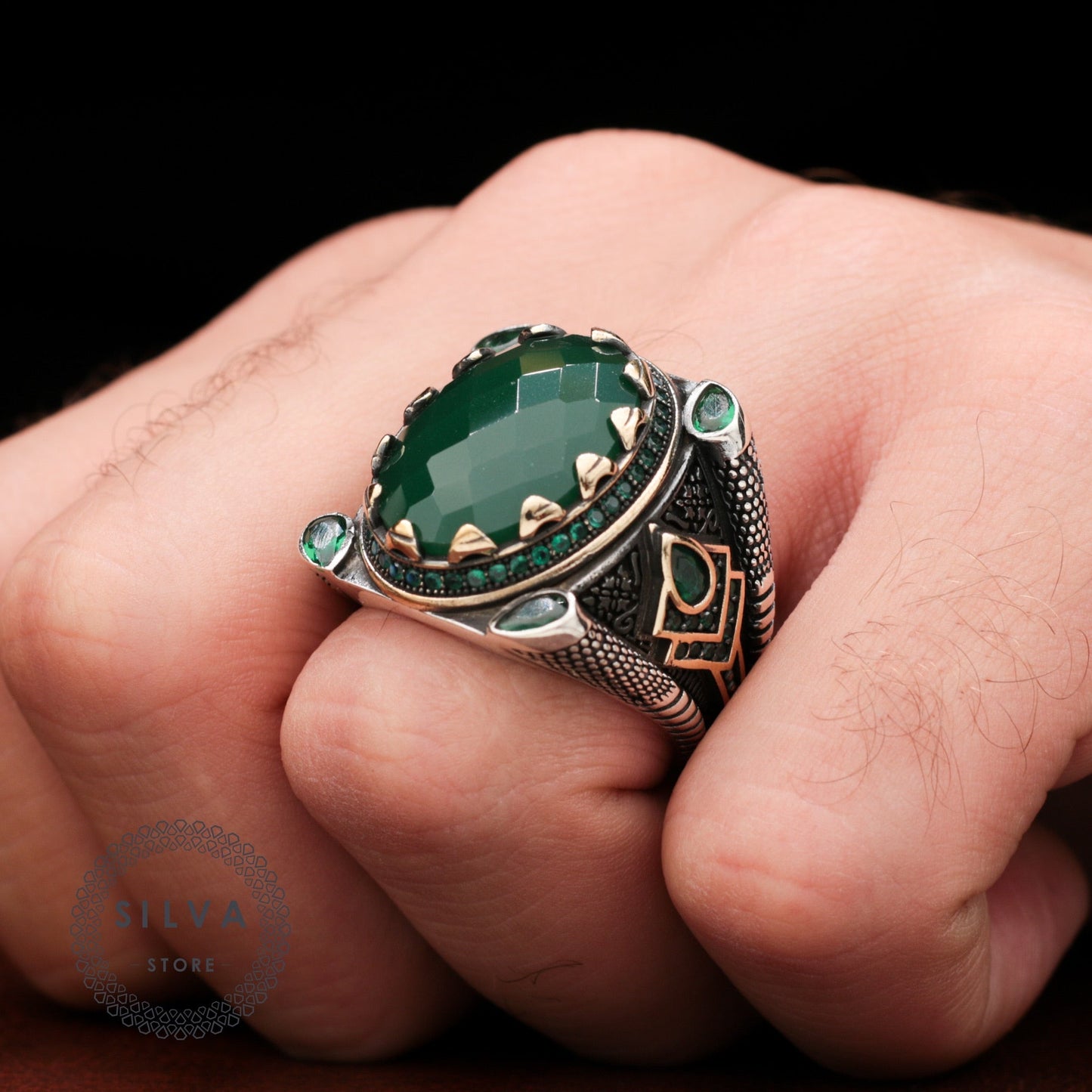 Turkish Handmade Royal Green Agate Silver Luxury Aqeeq Ring