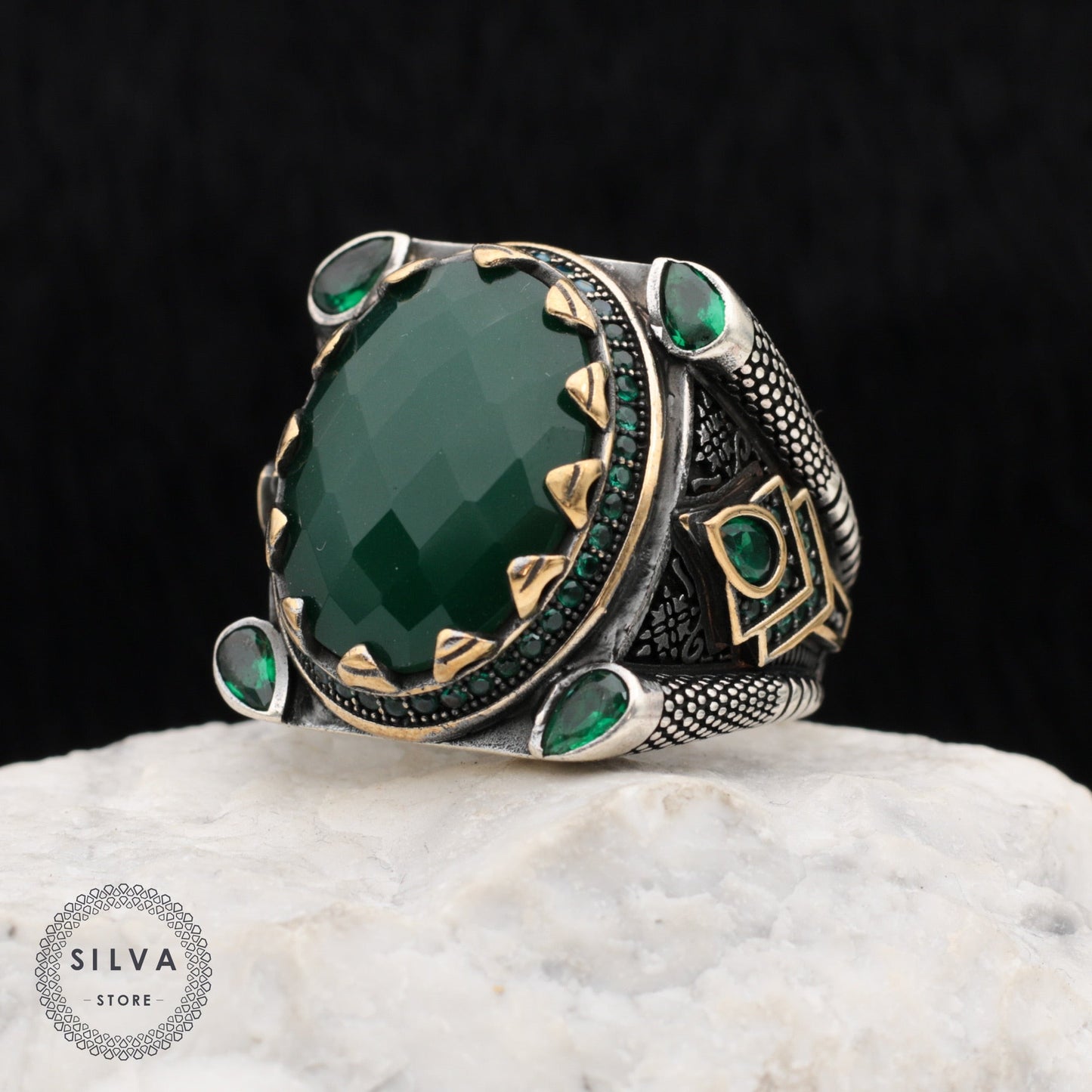 Turkish Handmade Royal Green Agate Silver Luxury Aqeeq Ring