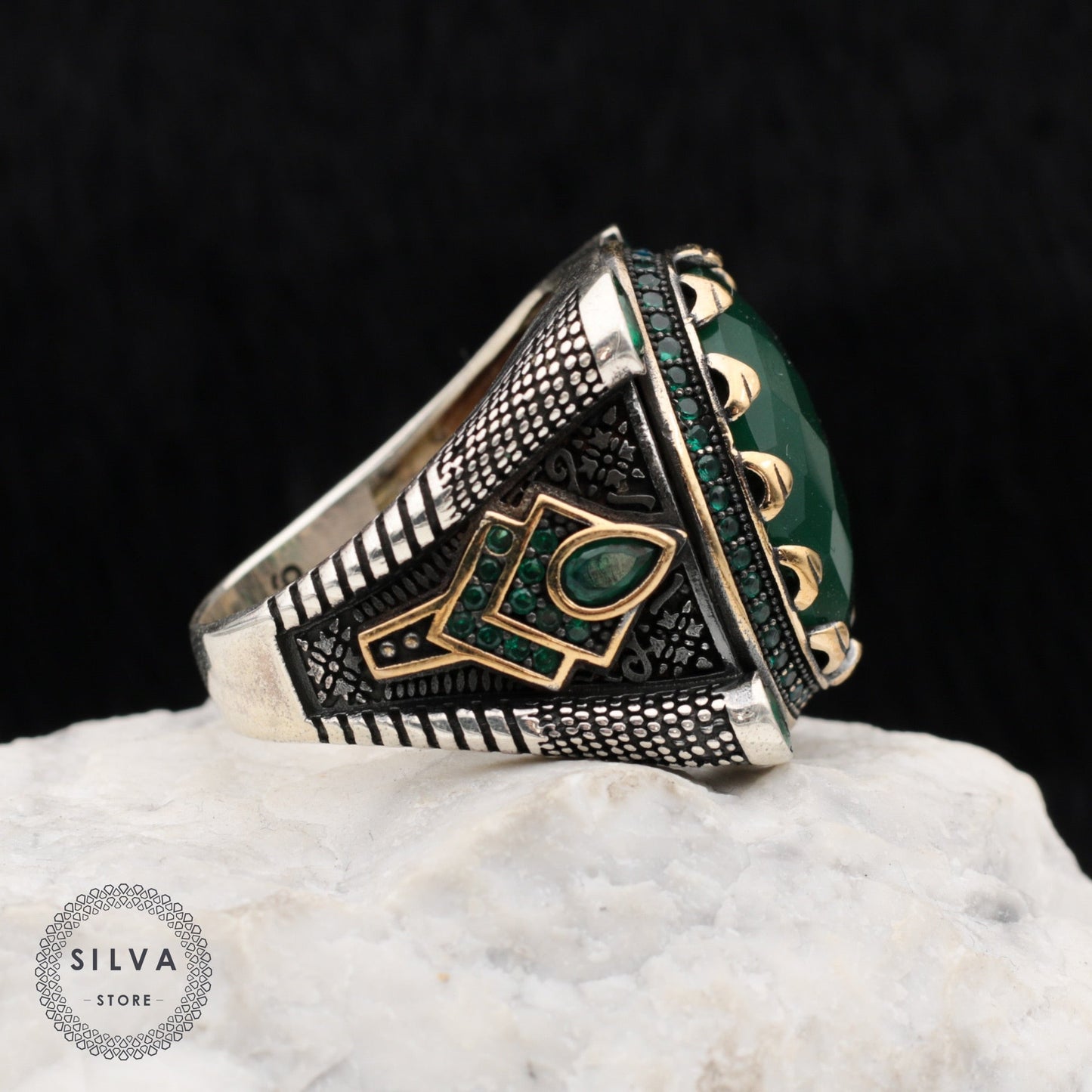Turkish Handmade Royal Green Agate Silver Luxury Aqeeq Ring