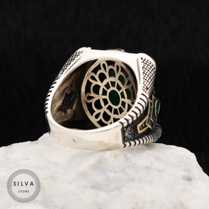 Turkish Handmade Royal Green Agate Silver Luxury Aqeeq Ring