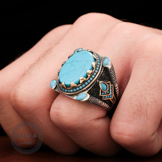 Turkish Turquoise Stone Mens Ring Handmade Premium Design