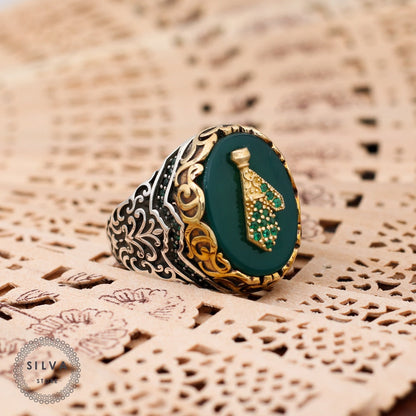 Turkish Handmade Royal Green Agate Golden Luxury Aqeeq Ring