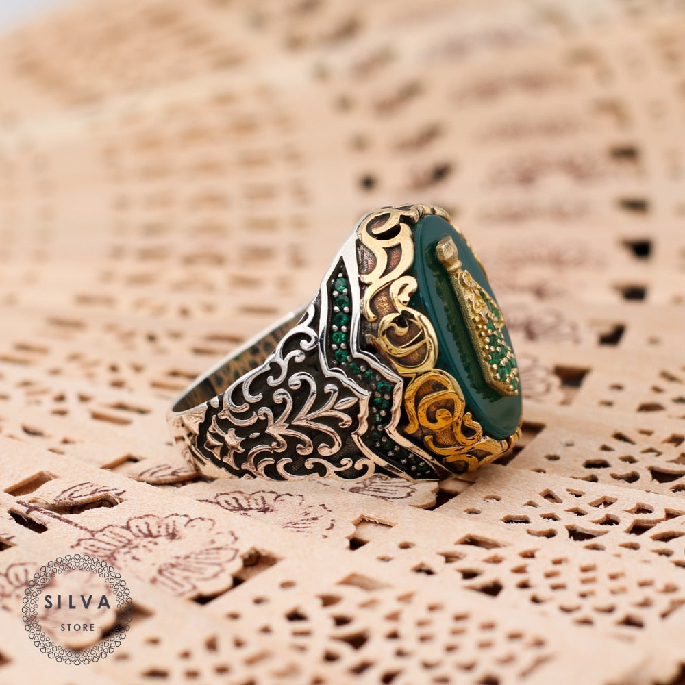 Turkish Handmade Royal Green Agate Golden Luxury Aqeeq Ring
