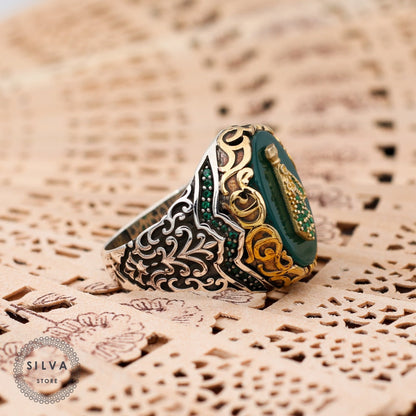 Turkish Handmade Royal Green Agate Golden Luxury Aqeeq Ring
