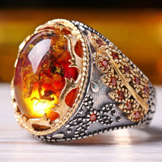 Turkish Fossil Amber Stone Ring Limited Edition Design
