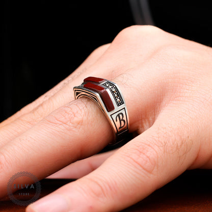 Turkish Customizable Zircon And Bakelite Stone Ring ( Two Letters Can Be Written)