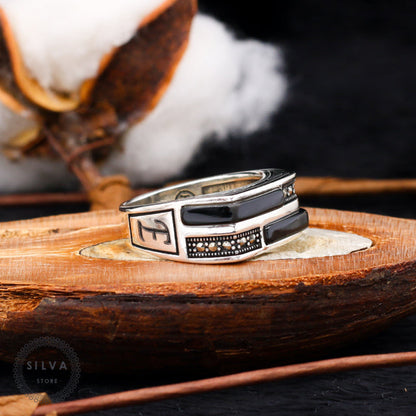 Turkish Customizable Zircon And Bakelite Stone Ring ( Two Letters Can Be Written)