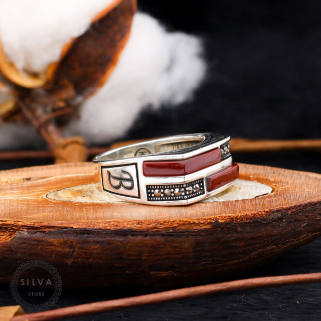 Turkish Customizable Zircon And Bakelite Stone Ring ( Two Letters Can Be Written)