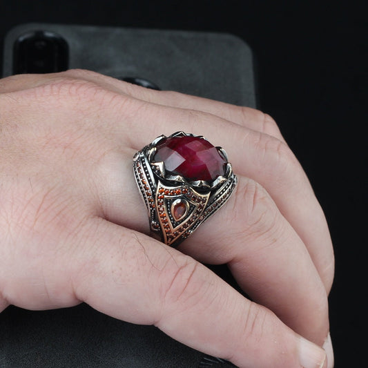 Turkish Red Ruby Ring For Men limited edition Handmade Design