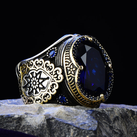 Turkish Blue Zircon Embroidered Ottoman Style Limited Edition Ring