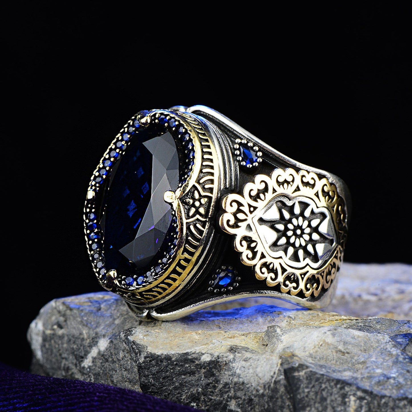 Turkish Blue Zircon Embroidered Ottoman Style Limited Edition Ring