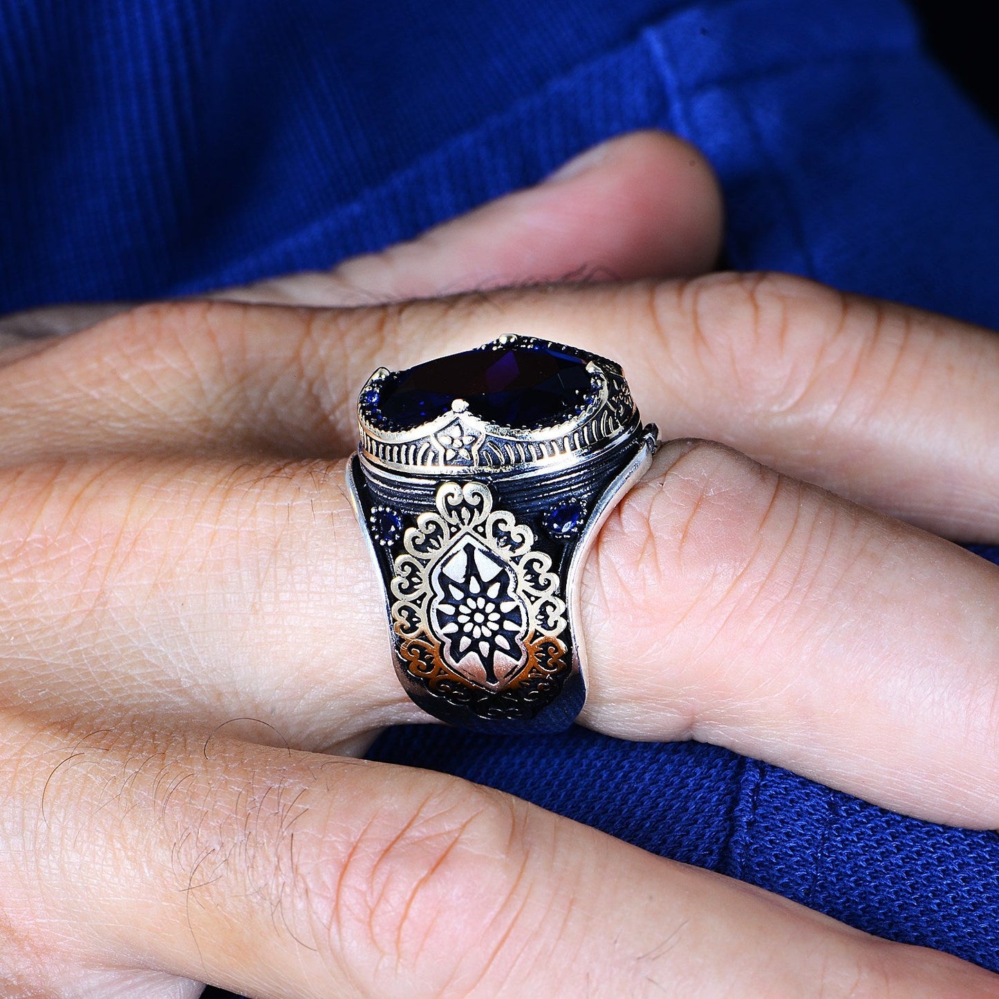 Turkish Blue Zircon Embroidered Ottoman Style Limited Edition Ring