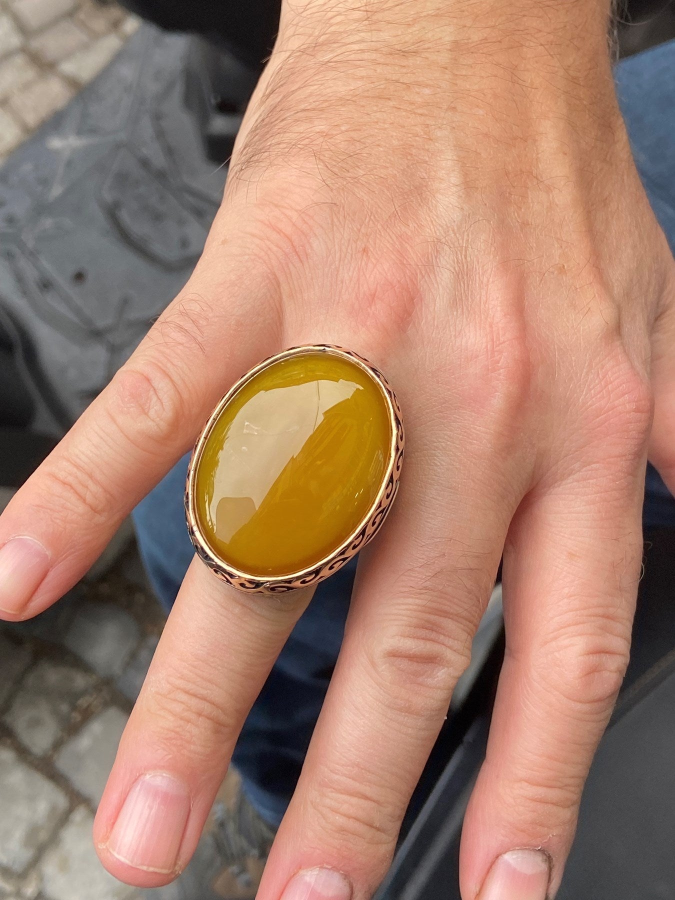 Turkish Yellow Agate Big Stone Men's Handmade Vintage Design Aqeeq Ring