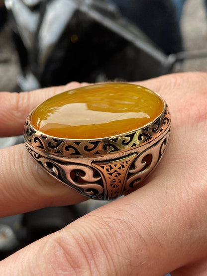 Turkish Yellow Agate Big Stone Men's Handmade Vintage Design Aqeeq Ring