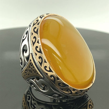 Turkish Yellow Agate Big Stone Men's Handmade Vintage Design Aqeeq Ring