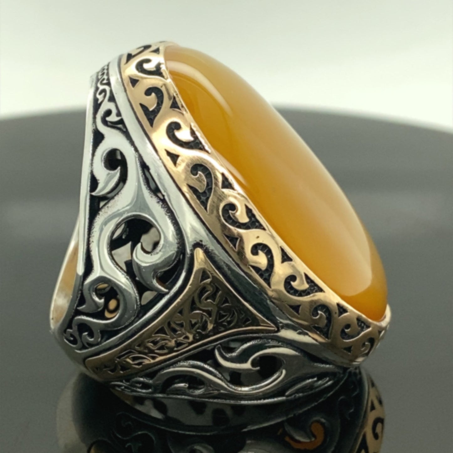 Turkish Yellow Agate Big Stone Men's Handmade Vintage Design Aqeeq Ring