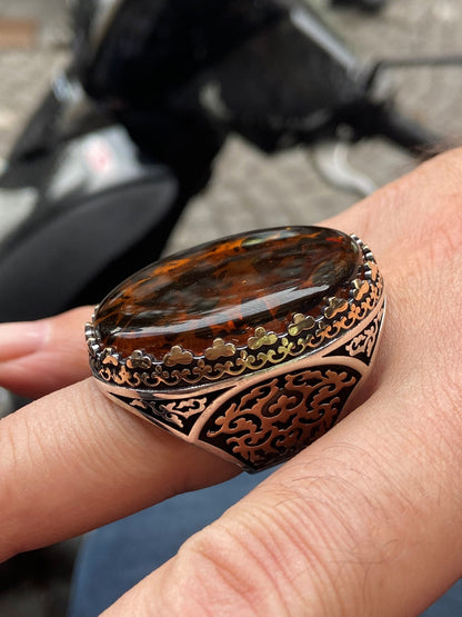 Turkish Baltic Amber Big Stone Handmade Men's Ring