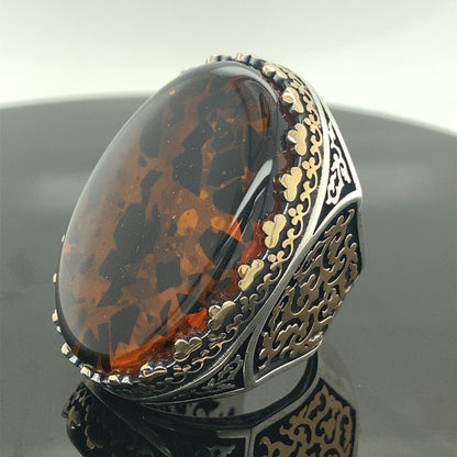 Turkish Baltic Amber Big Stone Handmade Men's Ring