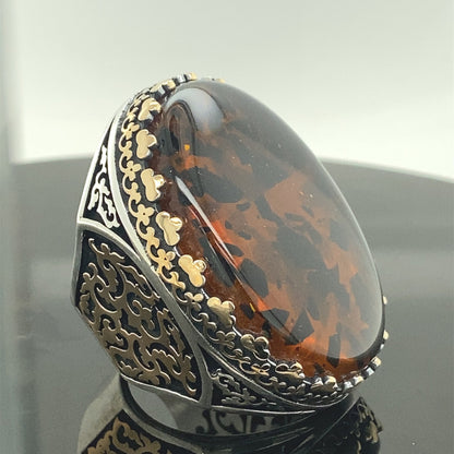 Turkish Baltic Amber Big Stone Handmade Men's Ring