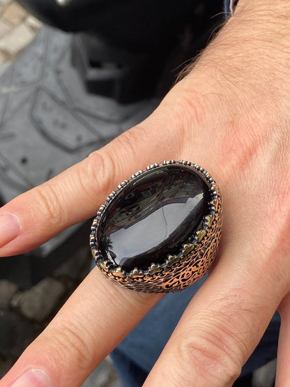 Turkish Black Onyx Large Gemstone Men's Handmade Ring
