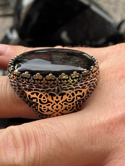 Turkish Black Onyx Large Gemstone Men's Handmade Ring