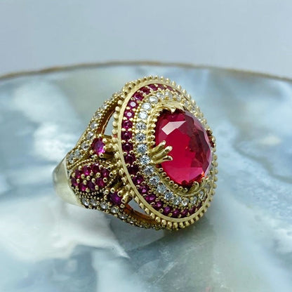 Turkish Red Zircon Handmade Special Design Ring For Women
