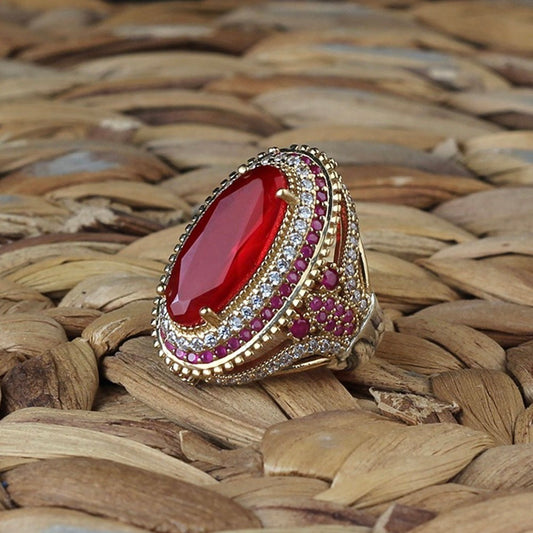 Turkish Red Zircon Ring For Women, Sterling Silver Handmade Ring