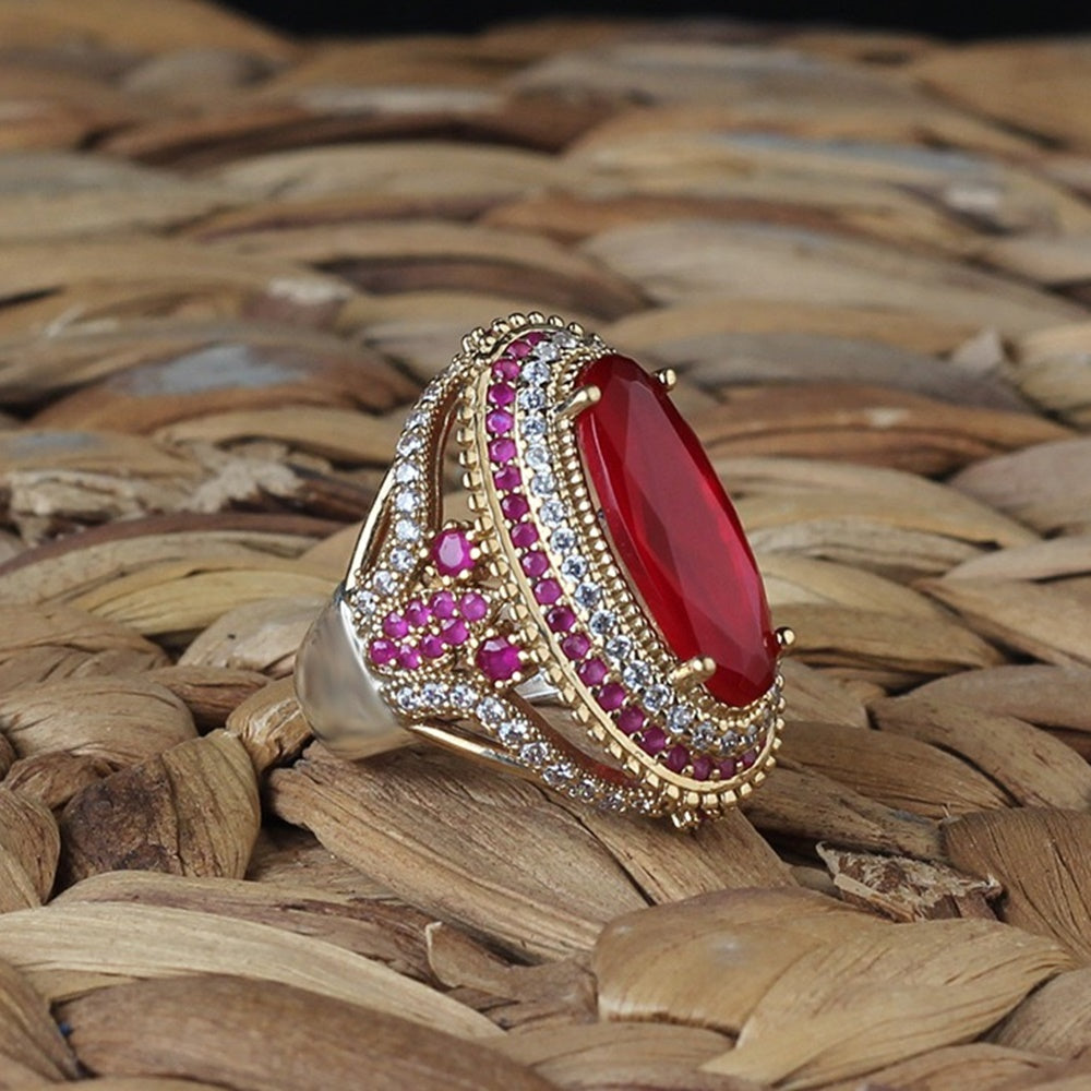 Turkish Red Zircon Ring For Women, Sterling Silver Handmade Ring