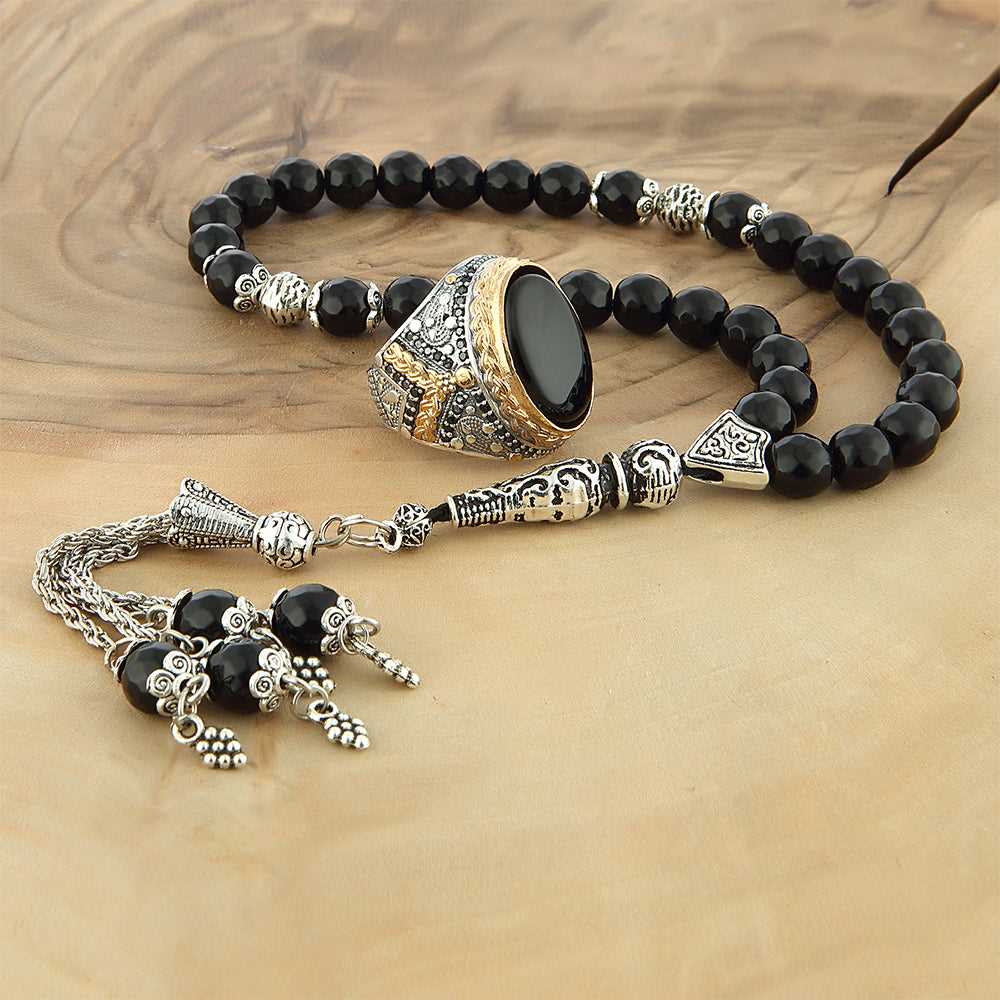 Onyx Turkish Ring, Men Silver Ring With Rosary Gift