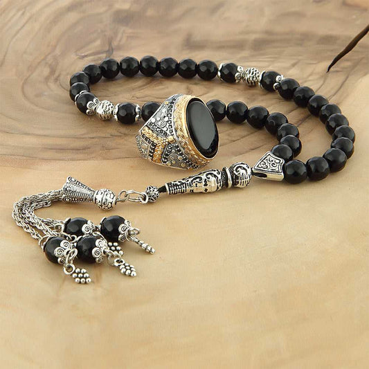 Onyx Turkish Ring, Men Silver Ring With Rosary Gift