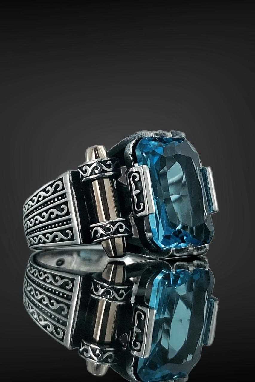 Natural Aquamarine Ring, Top Quality Stone and Silver Men Ring