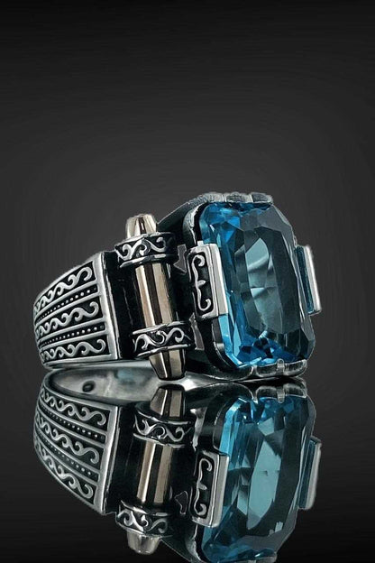 Natural Aquamarine Ring, Top Quality Stone and Silver Men Ring