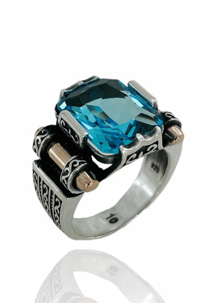 Natural Aquamarine Ring, Top Quality Stone and Silver Men Ring