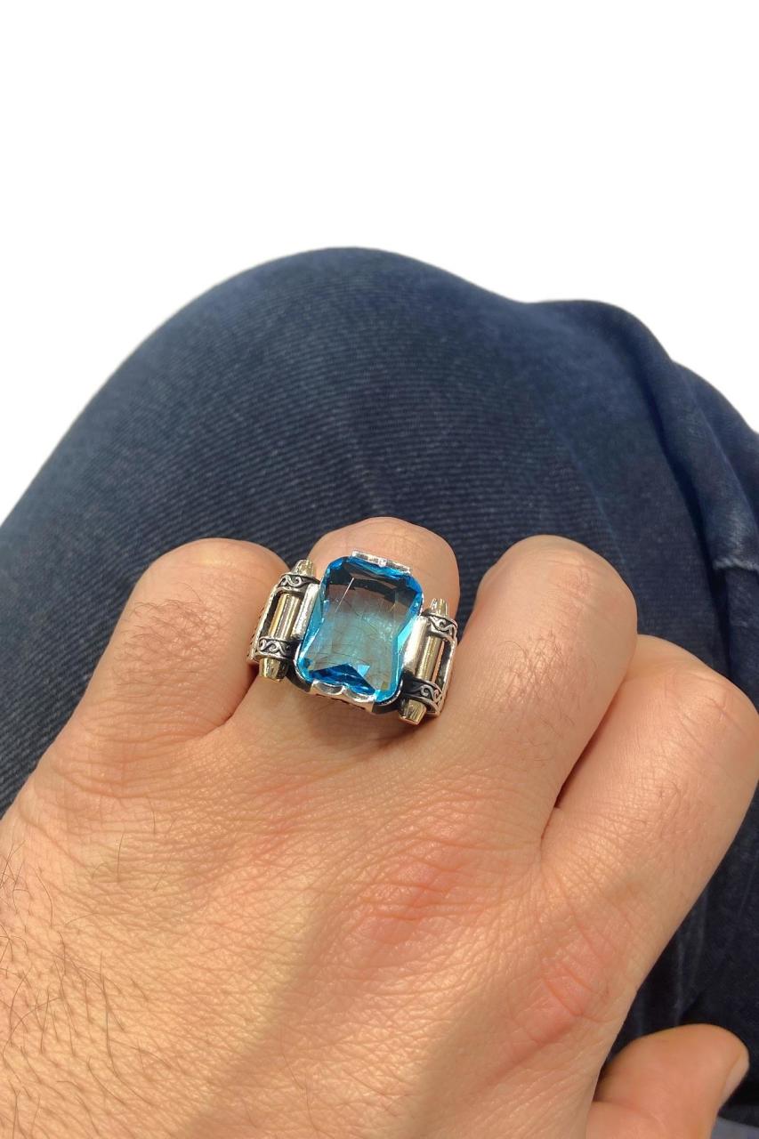 Natural Aquamarine Ring, Top Quality Stone and Silver Men Ring
