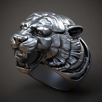 Gental Gems by Karat Kings | Unique Designed Tiger Face Ring |  Sterling Silver Oxidized Ring