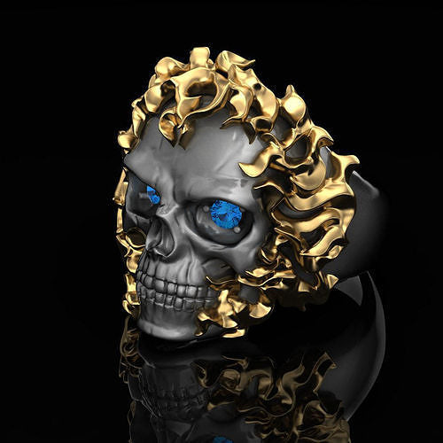 Gental Gems by Karat Kings | Unique Designed Burning Head Skull Ring |  Sterling Silver Black Rhodium & Gold Plated Ring