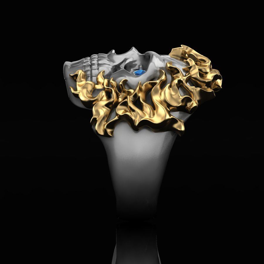 Gental Gems by Karat Kings | Unique Designed Burning Head Skull Ring |  Sterling Silver Black Rhodium & Gold Plated Ring