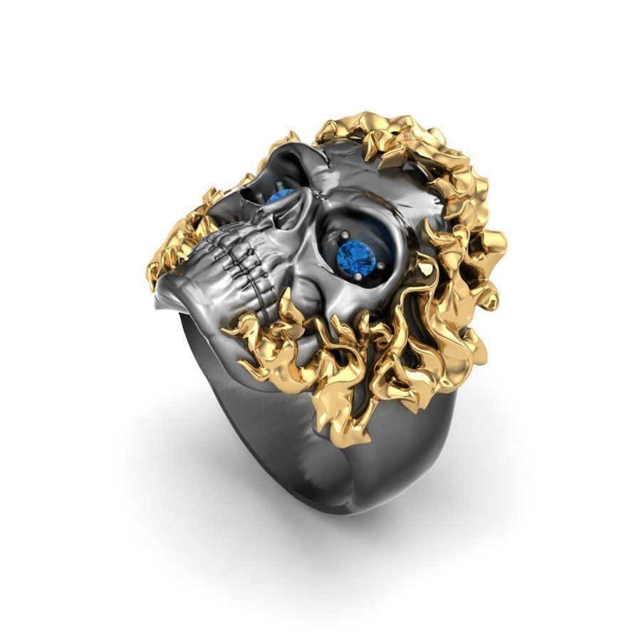 Gental Gems by Karat Kings | Unique Designed Burning Head Skull Ring |  Sterling Silver Black Rhodium & Gold Plated Ring