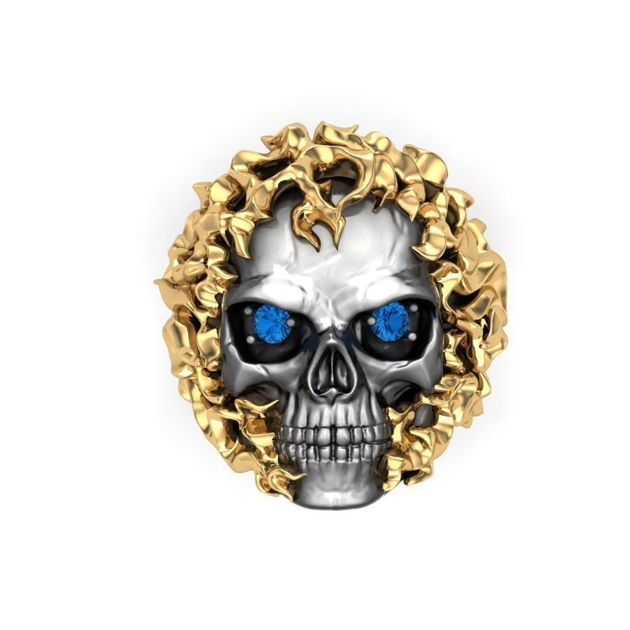 Gental Gems by Karat Kings | Unique Designed Burning Head Skull Ring |  Sterling Silver Black Rhodium & Gold Plated Ring