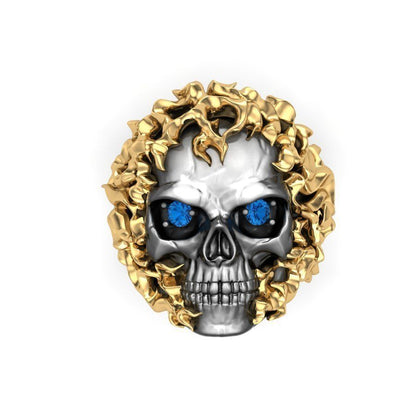 Gental Gems by Karat Kings | Unique Designed Burning Head Skull Ring |  Sterling Silver Black Rhodium & Gold Plated Ring