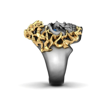 Gental Gems by Karat Kings | Unique Designed Burning Head Skull Ring |  Sterling Silver Black Rhodium & Gold Plated Ring