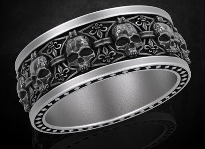 Gental Gems by Karat Kings | Unique Designed Band Ring Skull & Fleur De Lis |  Sterling Silver Oxidized Ring | Men's Jewelry | With Certificate of Authenticity and  Hallmark