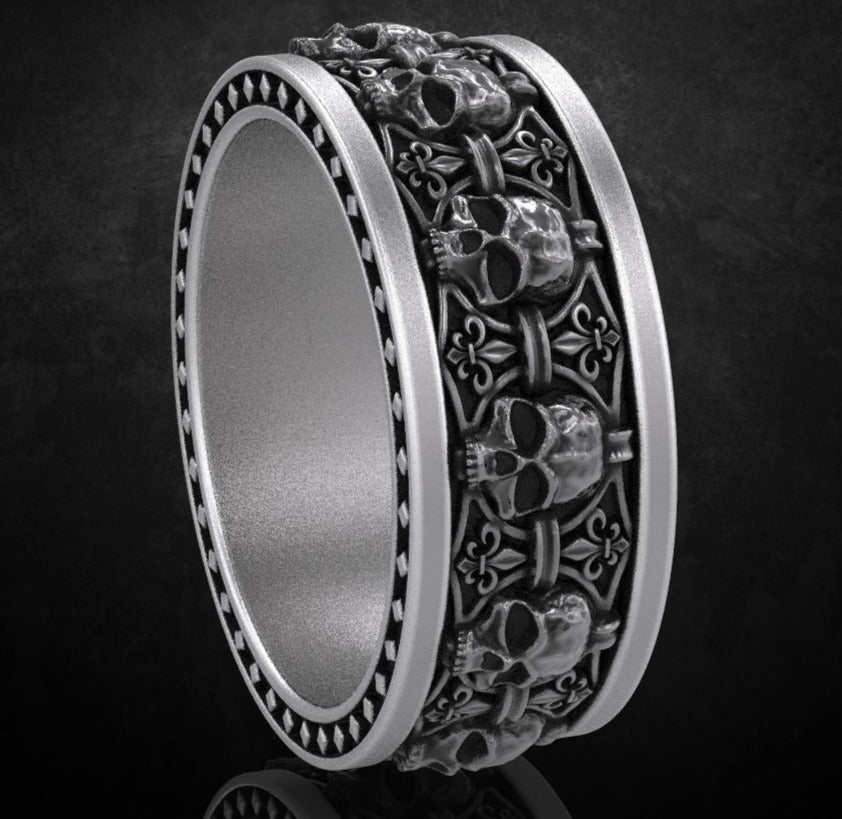 Gental Gems by Karat Kings | Unique Designed Band Ring Skull & Fleur De Lis |  Sterling Silver Oxidized Ring | Men's Jewelry | With Certificate of Authenticity and  Hallmark