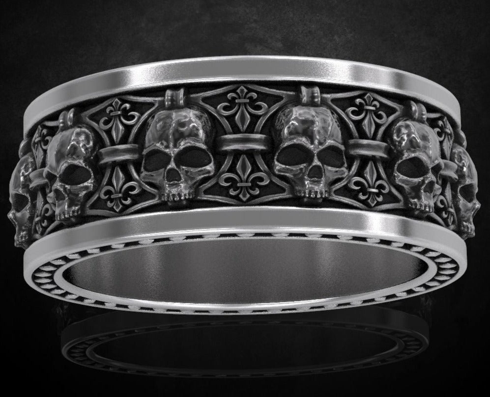 Gental Gems by Karat Kings | Unique Designed Band Ring Skull & Fleur De Lis |  Sterling Silver Oxidized Ring | Men's Jewelry | With Certificate of Authenticity and  Hallmark