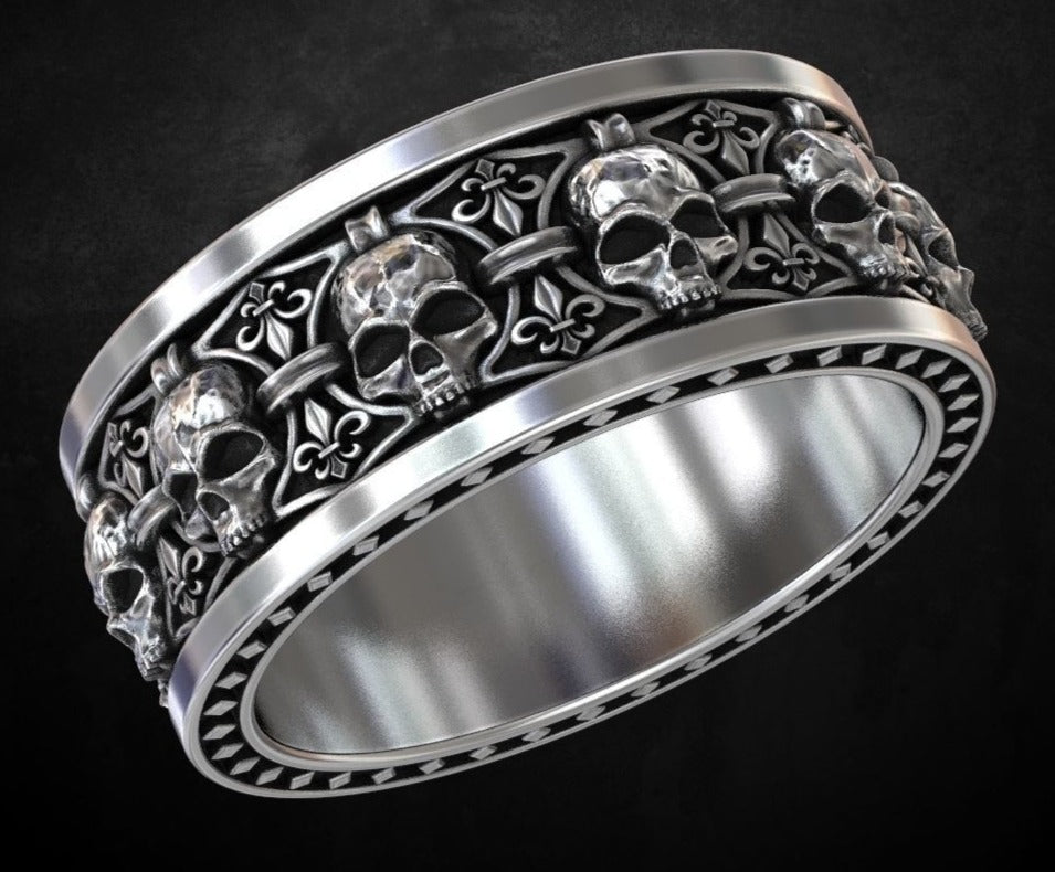 Gental Gems by Karat Kings | Unique Designed Band Ring Skull & Fleur De Lis |  Sterling Silver Oxidized Ring | Men's Jewelry | With Certificate of Authenticity and  Hallmark