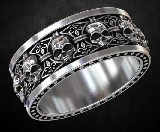 Gental Gems by Karat Kings | Unique Designed Band Ring Skull & Fleur De Lis |  Sterling Silver Oxidized Ring | Men's Jewelry | With Certificate of Authenticity and  Hallmark