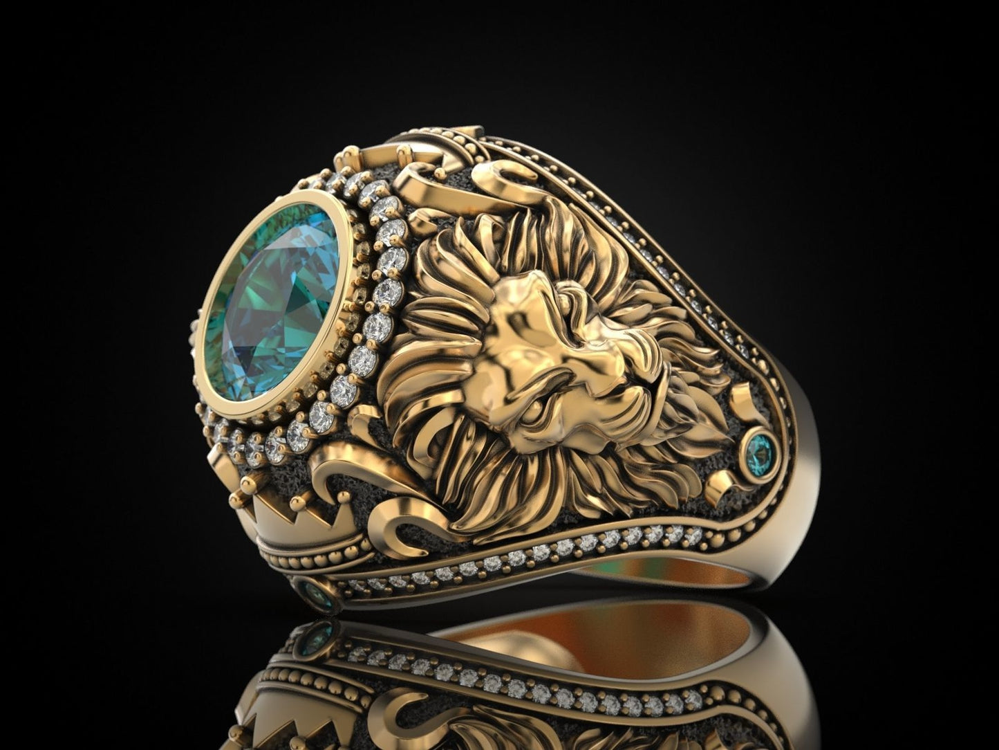 Gental Gems by Karat Kings | Unique Designed 22k Gold plated Double Faced Lion Ring with Green Zircon Stone |  Sterling Silver Oxidized Ring